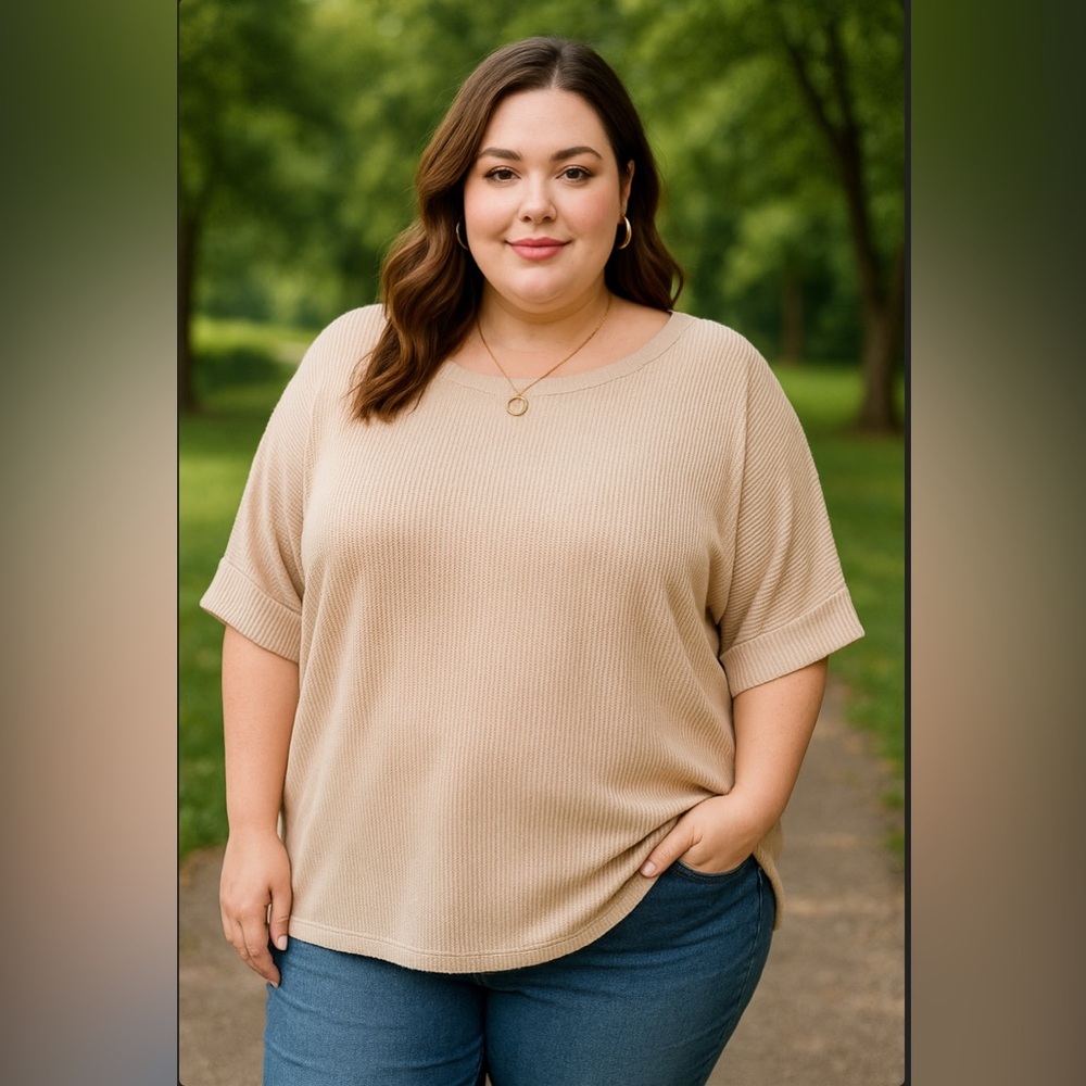 Ribbed Knit Top Beige Tan Oversized - Picture 7 of 7
